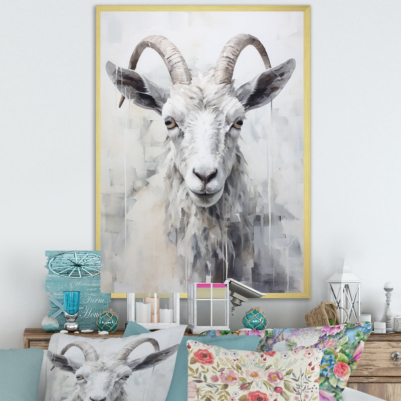Dos et chèvre blanche sur toile, H 40 po x l 30 po x P 1,5 po, Cadre doré simple
