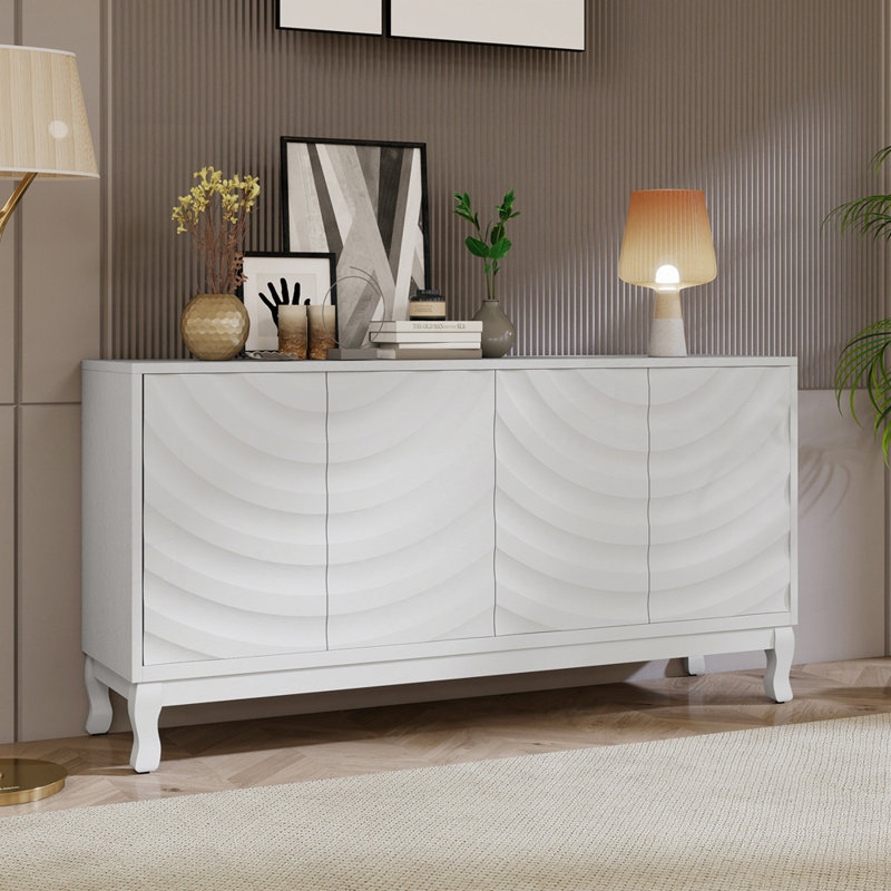 Élégant buffet à quatre portes avec motif ondulé pour plusieurs pièces, Blanc