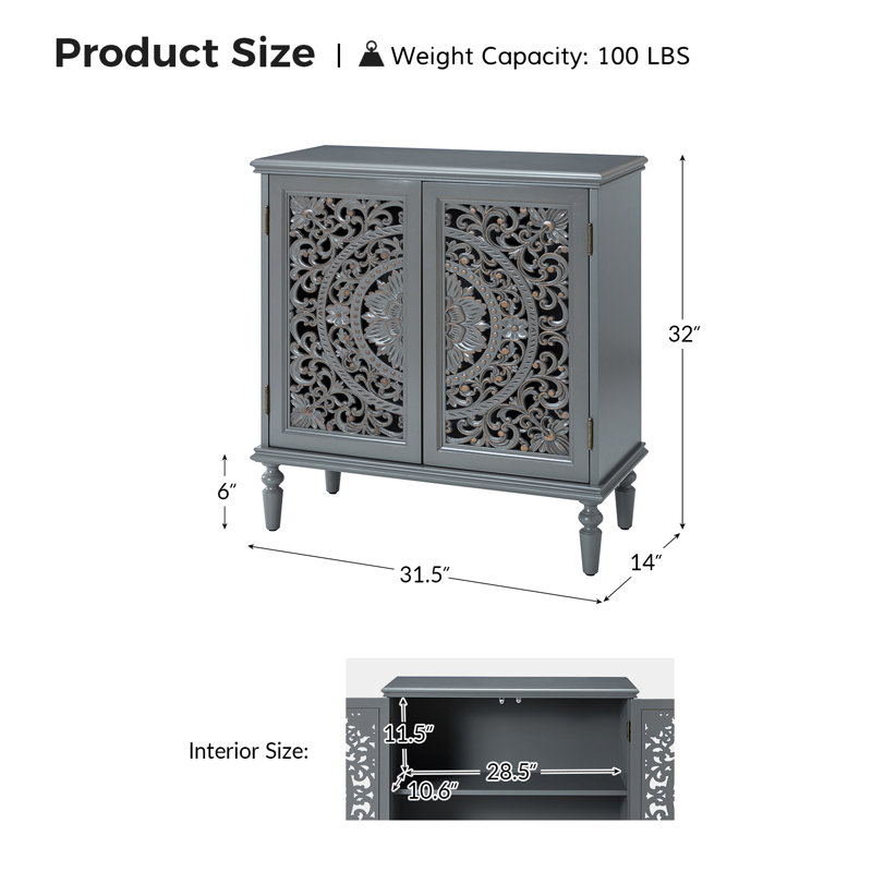 Breesford 32" Tall 2-Door Openwork Carving Accent Cabinet with Solid Wood Legs Set of 2, Gray