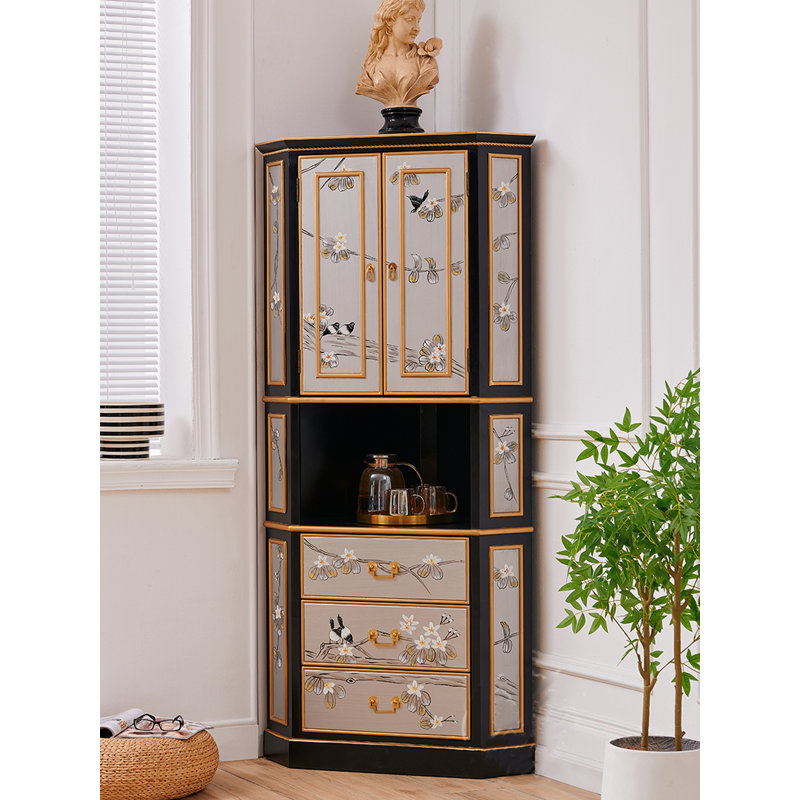 Nouvelle armoire d'angle en bois massif de style chinois avec fleurs et oiseaux peints
