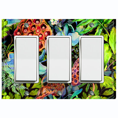Metal Light Switch Plate Outlet Cover (Cotton Seed Green Leaves Black  - Triple Rocker)