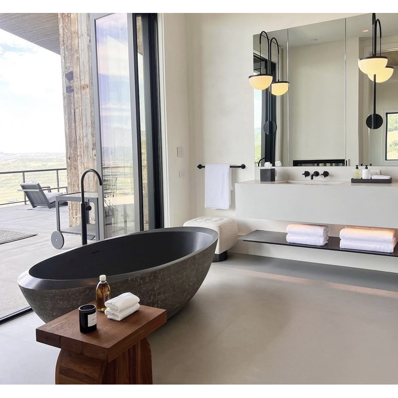 Vast Studio 74.8" x 39.8" Textured Gray Concrete Freestanding Oval Bathtub –  Gray/Gray Interior Deep Soaking  Tub with Metallic Luxury Finish & Contemporary Spa-Inspired Design 