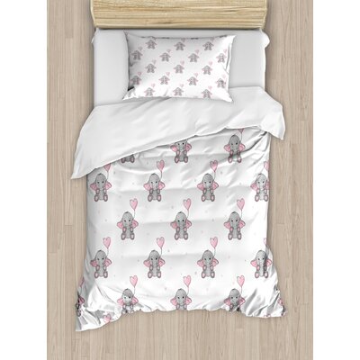 Cute Elephants Holding Heart Shaped Balloons Girlish Duvet Cover Set -  Ambesonne, nev_36188_twin