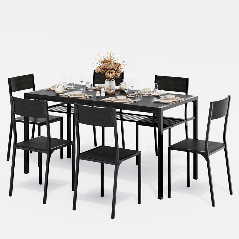 7-Piece 6-Person Rectangular Dining Table Set with Under-Table Storage and Tuck-Under Chairs, Black, Black