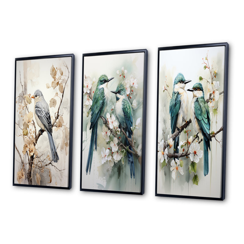 «Bird Silent Watcher», 3 pièces sur toile, H 32 po x l 48 po, Cadre noir