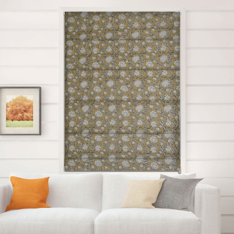Fabdivine Floral Hand Block Print Thick Linen Roman Shade for Windows, French Doors, Green or Gray 100% Blackout Room Darkening Soft Cozy Fabric, Roll Up Blinds for Door, Aradhana