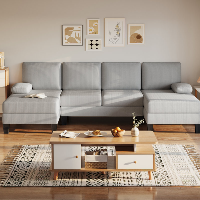 U-shaped Sectional Sofa, Couch For Living Room, Light Grey Corduroy