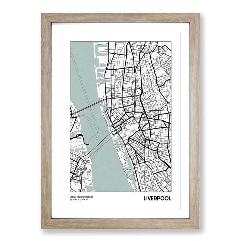 Map Liverpool UK - Picture Frame Graphic Art, Oak, 65cm H x 48cm W x 2cm D