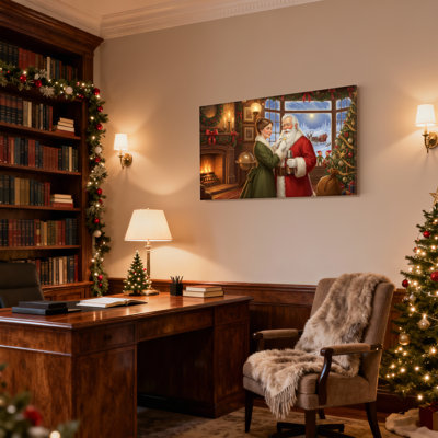 Christmas Santa And Woman In Christmas Scene Set of 3 Canvas Wall Art Prints