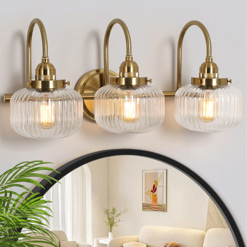 3-Light Vanity Light Spherical Glass Bathroom Wall Sconces, Polished Brass