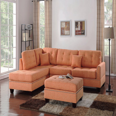 Canapé modulaire réversible moderne 3 pièces avec méridienne et pouf capitonné en tissu de lin