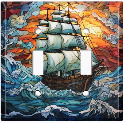 Couvercle de plaque d'interrupteur en métal; Bascule à 2 bandes standard des États-Unis - image imprimée d'un bateau vitrail en mer