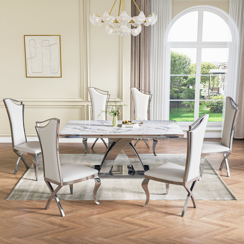 70.08" Rectangular Faux Marble Top Pedestal Dining Set, Silver, 7 Pieces: Table, 6 Chairs