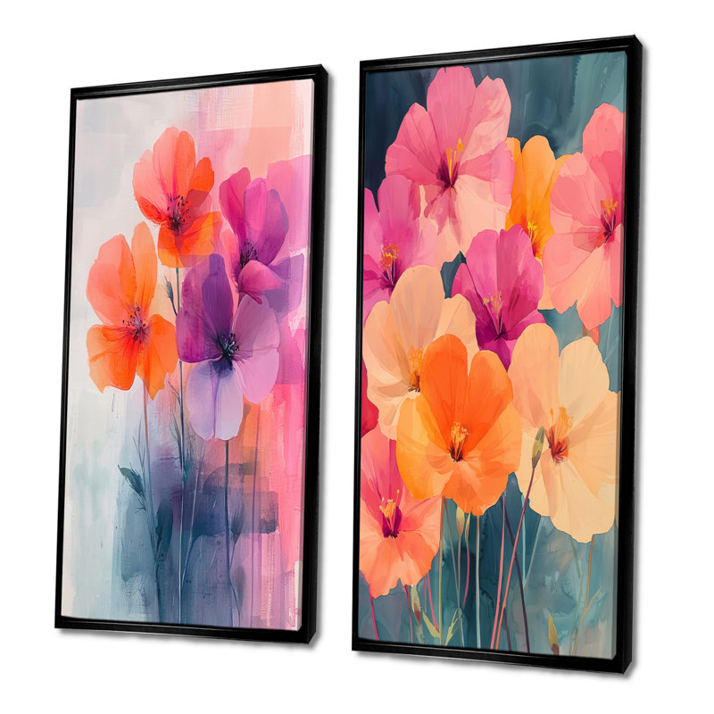 Abstrait géraniums en mouvement d'été I - art mural floral 2 panneaux, Cadre flottant noir, H 32 po x l 33 po