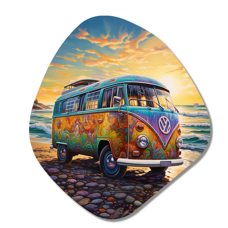 ëMagic Hippie Bus On The Beach - Car Van Nebula Shapeë, art mural asymétrique en métal, H 35 po x l 31 po