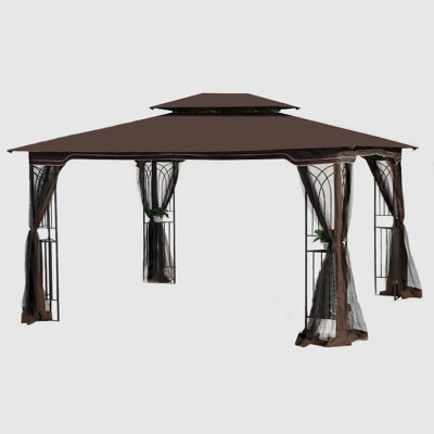 Outdoor Patio 13X10 Gazebo With Rust- Frame And Mesh - Brown Sunproof Fabric All