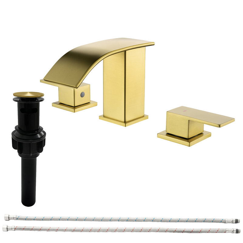Waterfall 8 In. Widespread Double-Handle Bathroom Faucet Set 3-Holes Vanity Sink With Metal Drain, Brushed Gold