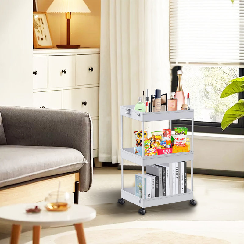 Chariot de rangement roulant à 3 niveaux, tablettes polyvalentes pour bureau, salon, chambre à coucher, salle de bain, gris