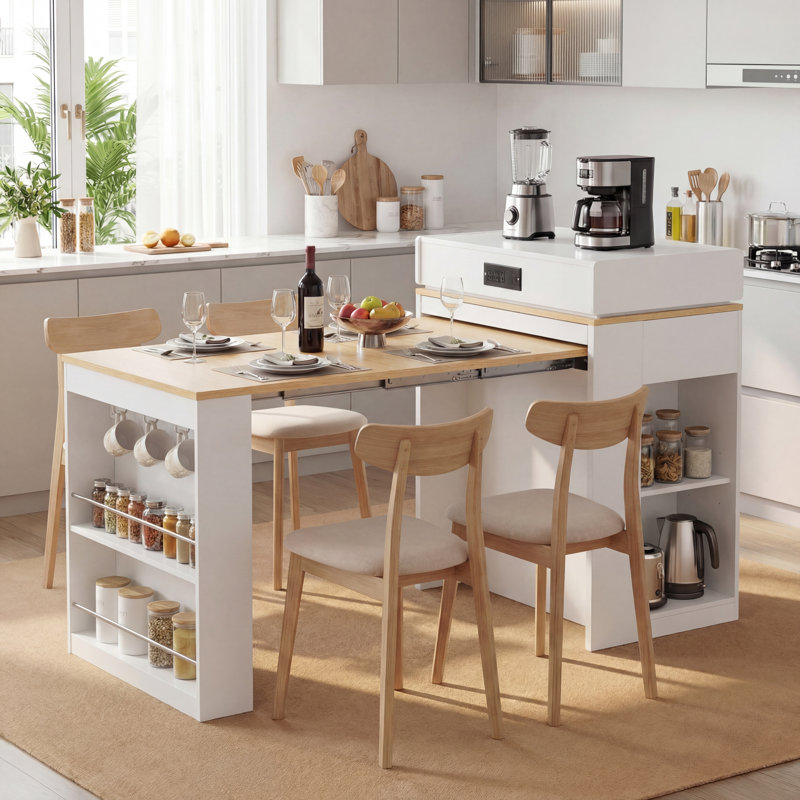 Extendable Folding Dining Table & Kitchen Island with Power Outlet, Drawers, Hooks and Wheels, Creamy White + Natural