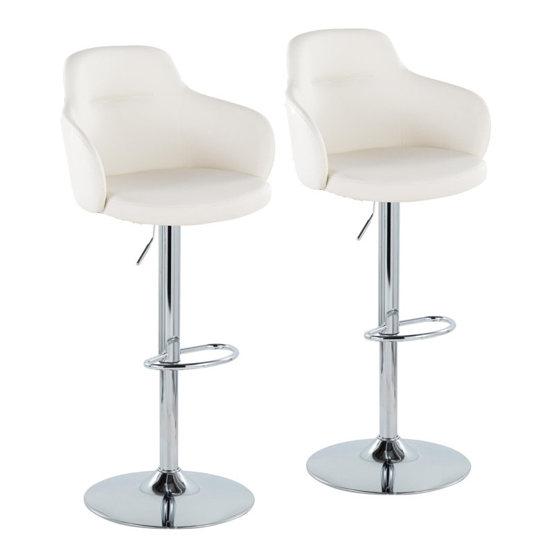 White Faux Leather Adjustable Swivel Bar Stools with Metal Base