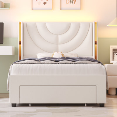 Sturminster Velvet Upholstered Wingback Storage Bed, Wall Wash LED Light Headboard