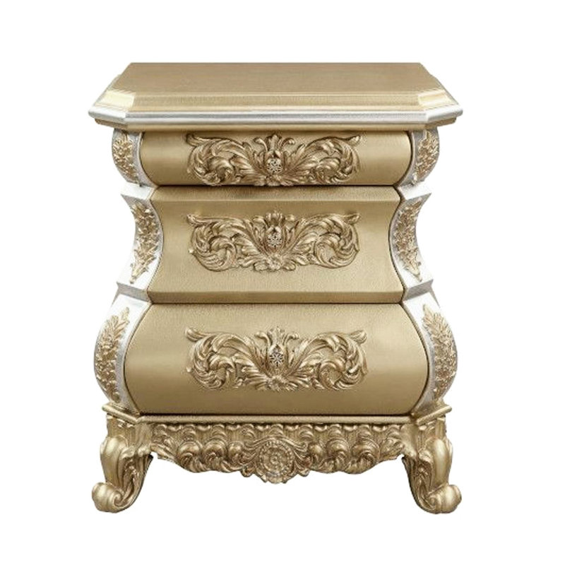 Chambre à coucher avec table de chevet 3 tiroirs dorée, feutrée pour une ambiance élégante et gracieuse