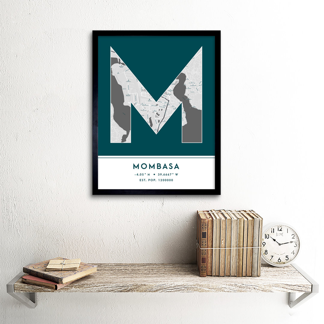 Mombasa City Map Mombasa Teal by Wee Blue Coo - Single Picture Frame Typography