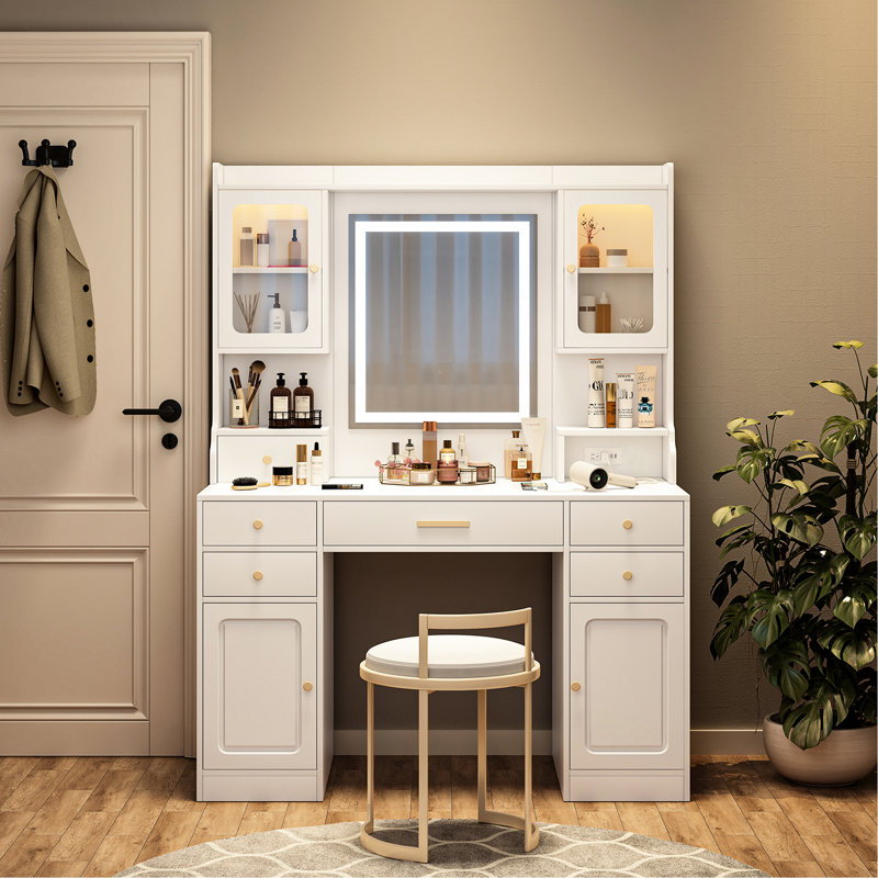 Table de coiffeuse avec grand miroir, 6 tiroirs, 4 casiers et une tablette, idéale pour la chambre à coucher, grand maquillage 5 + 2 portes, design américain, matériau blanc