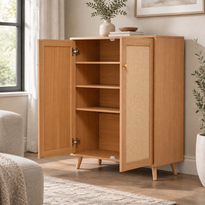 Meuble à chaussures d'entrée en rotin, 103 cm de hauteur, 5 niveaux de rangement, 2 portes et étagères réglables, pour couloir et placard.