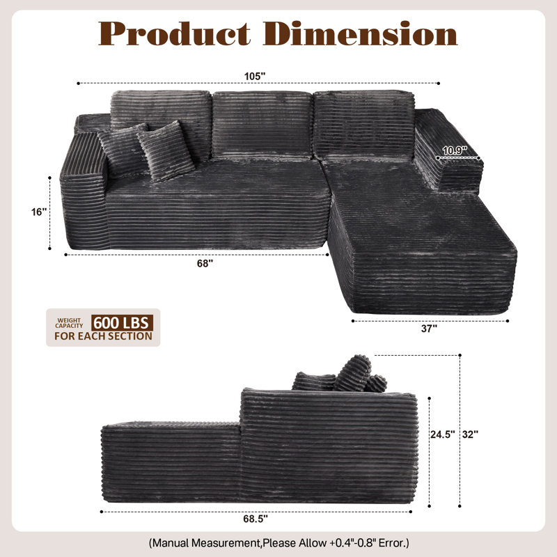 Boneless 105" 2 - Piece Upholstery Compression Sofa with 3 Seats, Corduroy Sectional Couch, No Assembly Required, Gray Plush