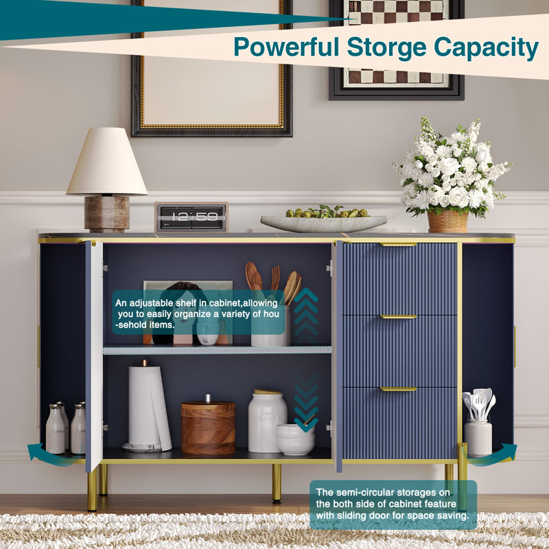 60" Sideboard Buffet Cabinet with Storage, Faux Marble Top Storage Cabinet with Curved Profile Sliding Doors, 3 Drawers & Adjustable Shelves