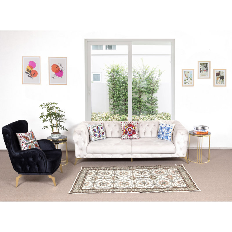 Tapis turc rétro en laine noué à la main à motif floral