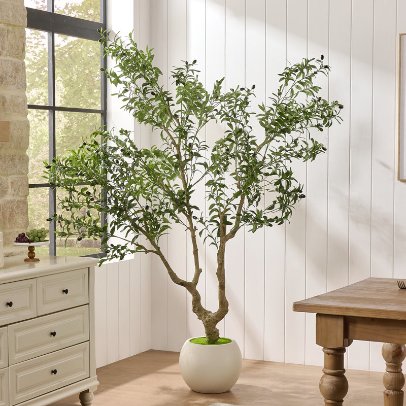 Arbre d'olivier artificiel de 7 pi avec feuilles et olives réalistes, faux arbre méditerranéen en pot blanc pour le salon, le vestibule ou la décoration intérieure