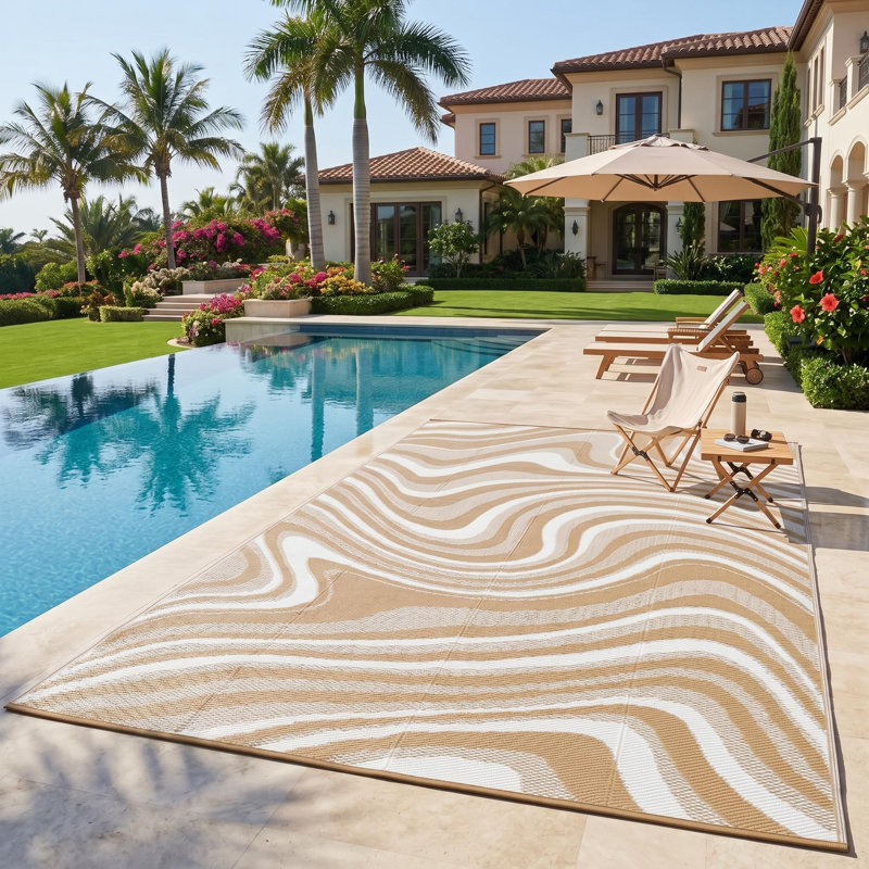 Modern Abstract Plastic Outdoor Rug for Picnic Backyard Deck Balcony, Brown, Runner 9' x 18'