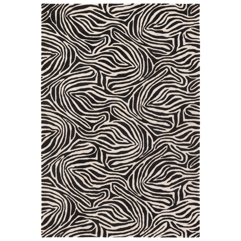 Tapis rectangulaire noir / ivoire en laine / viscose touffeté à la main, Rectangle de 5 pi x 8 pi
