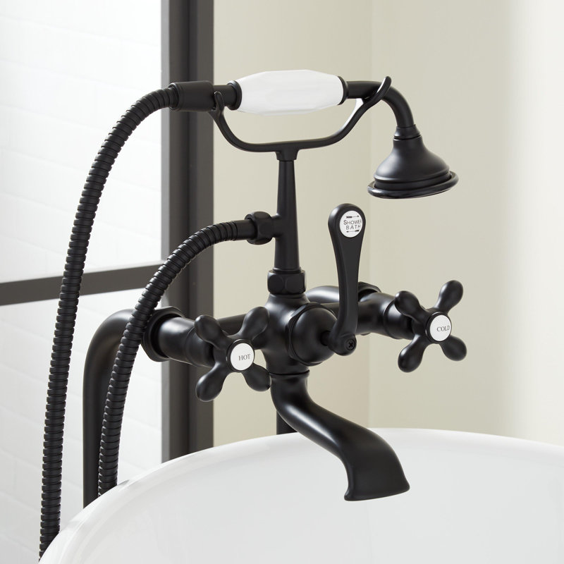 Robinet de baignoire à fixation au sol avec poignées en croix de style téléphone, Noir mat