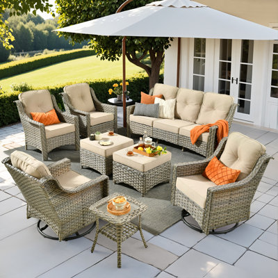 Canapé pour 9 personnes avec chaises berçantes pivotantes, canapé d'extérieur en osier avec dossier haut et coussins, canapé toutes saisons avec repose-pieds pour le jardin