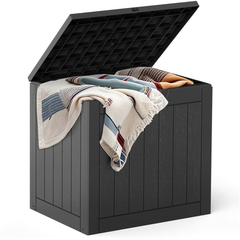 Coffre de terrasse avec capacité de 31 gallons, rangement extérieur verrouillable en résine résistant aux intempéries pour des livraisons sécurisées et un rangement intérieur dans le jardin ou le patio