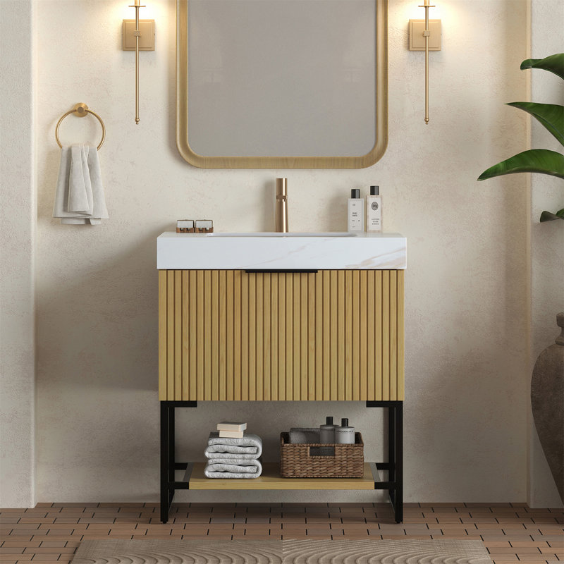 Meuble-lavabo 30 po, armoire de rangement autoportante en contreplaqué rayé avec tiroir et tablette ouverte 30 po