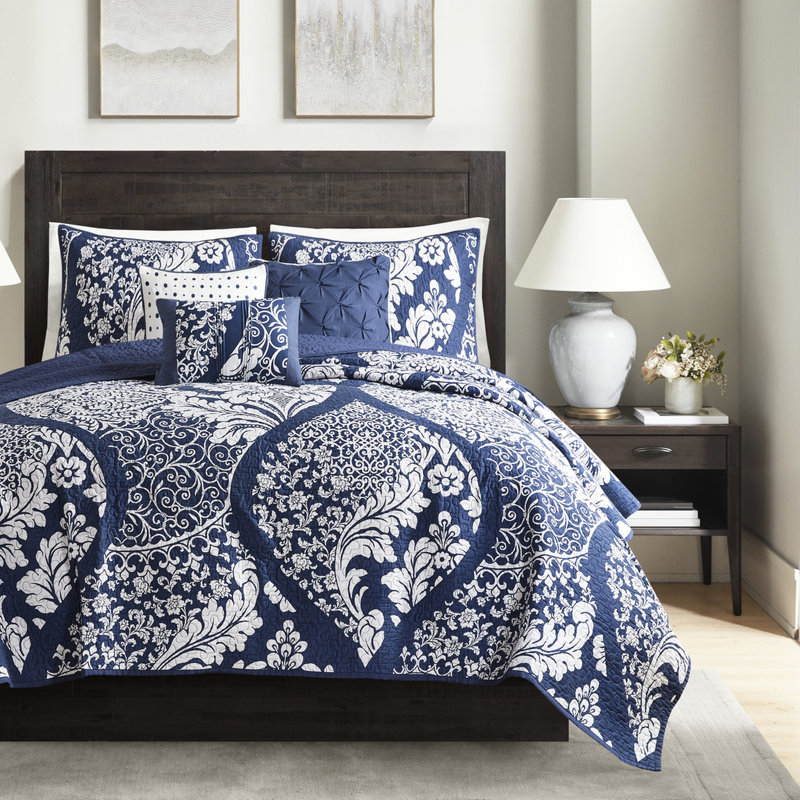Courtepointe indigo double / grand, 6 pièces, imprimé en coton, motif complexe, coussins décoratifs brodés pour le sommeil réversible en coton indigo, complexe, envers uni, oreillers, literie
