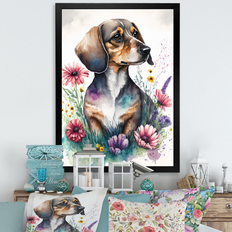 Teckel entouré de fleurs I - reproduction sur toile, L 12 po x H 20 po, Impression noire sur toile encadrée