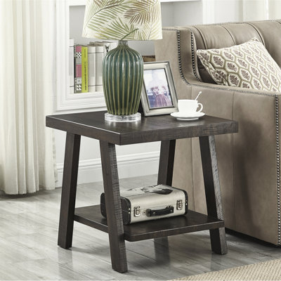 Table de bout à tablette en bois patiné avec plateau rectangulaire et pieds évasés, H 23 po x l 24 po x P 22 po, fini collection - Plateau, sous rangement, H 22 po x P 23 po, brun