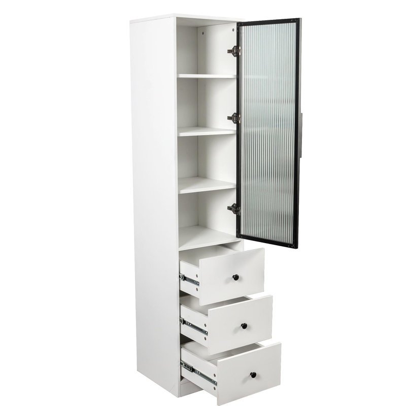 70.87" H Tall Bathroom Storage Cabinet With 1 Glass Door And 3 Drawer, Narrow Storage Unit, Floor Cabinet For Bathroom, Living Room, Entryway, Kitchen