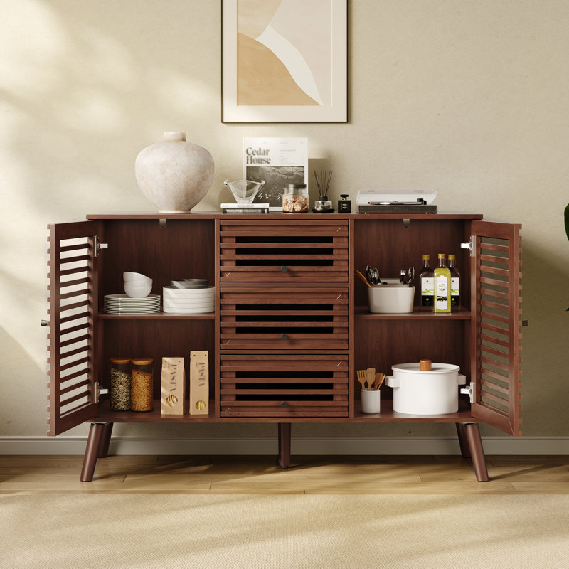  Buffet avec portes à lattes, buffet l 47 po avec tiroirs, armoire de rangement moderne Mid-Century pour salon, vestibule, cuisine, noyer
