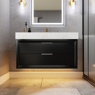 Meuble-lavabo mural simple 36 po avec comptoir en pierre blanche, lumière DEL et tiroirs à fermeture en douceur, design moderne