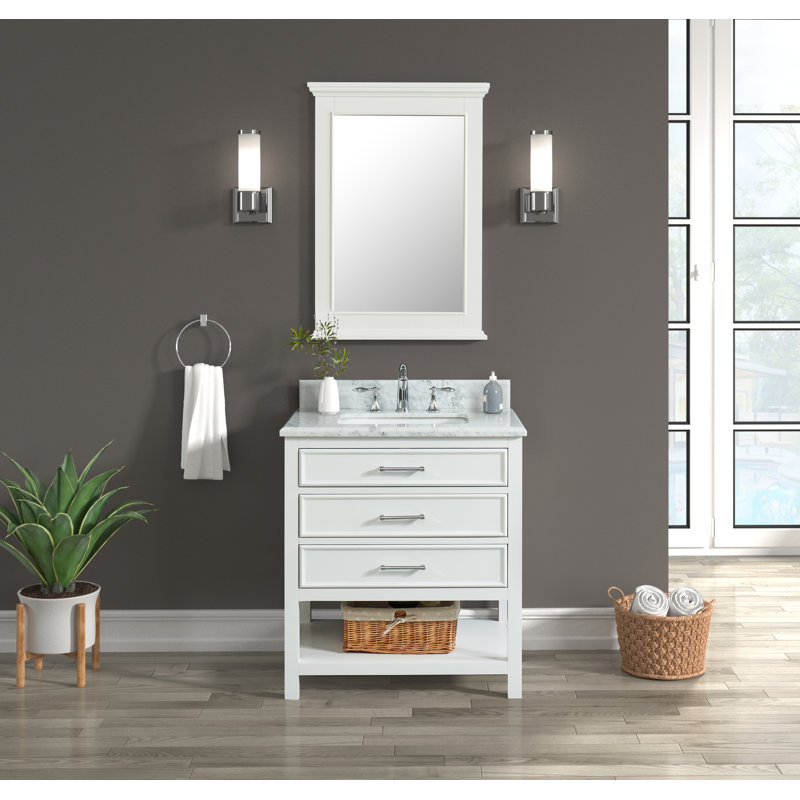 Meuble-lavabo simple 30 po Manhattan avec comptoir en marbre de Carrare, pré-assemblé, Blanc