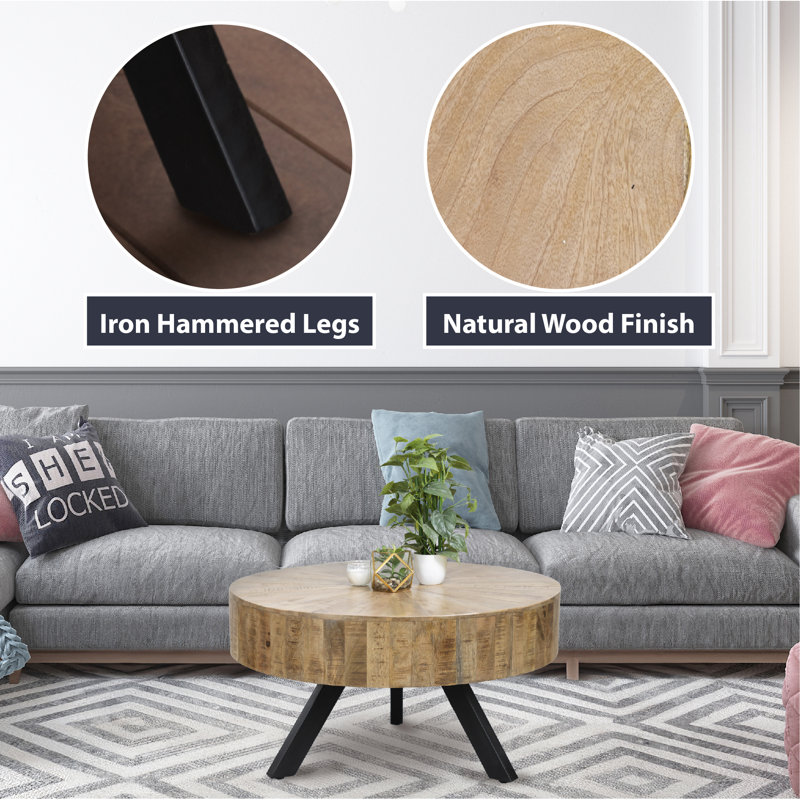 Handcrafted Rustic Round Mercury Coffee Table - Natural Mango Wood with Metal Legs