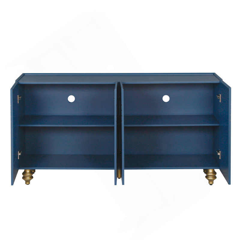 Modern Fluted Sideboard Buffet With Storage, Curve Element With Strict Lines, 4 Doors Storage Cabinet With Adjustable Shelves For Kitchen, Dining Room, Living Room (Navy Blue)