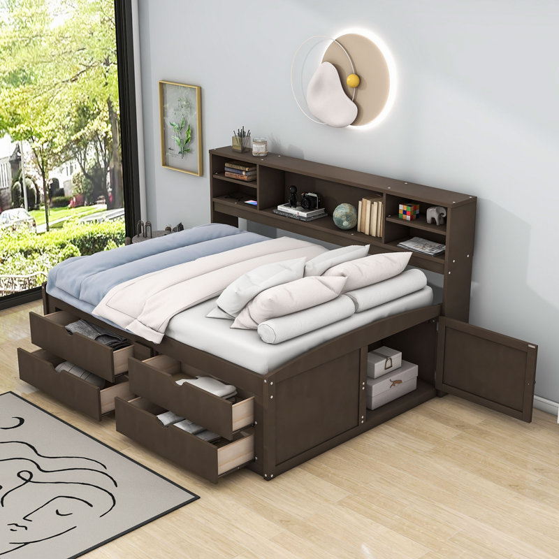 Wood Full Daybed with Cabinets, Shelves and Drawers, Antique Brown