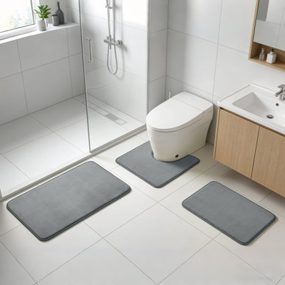 Ensemble de tapis de bain en mousse viscoélastique gris foncé, tapis de salle de bain lavables à séchage rapide pour douche et toilette